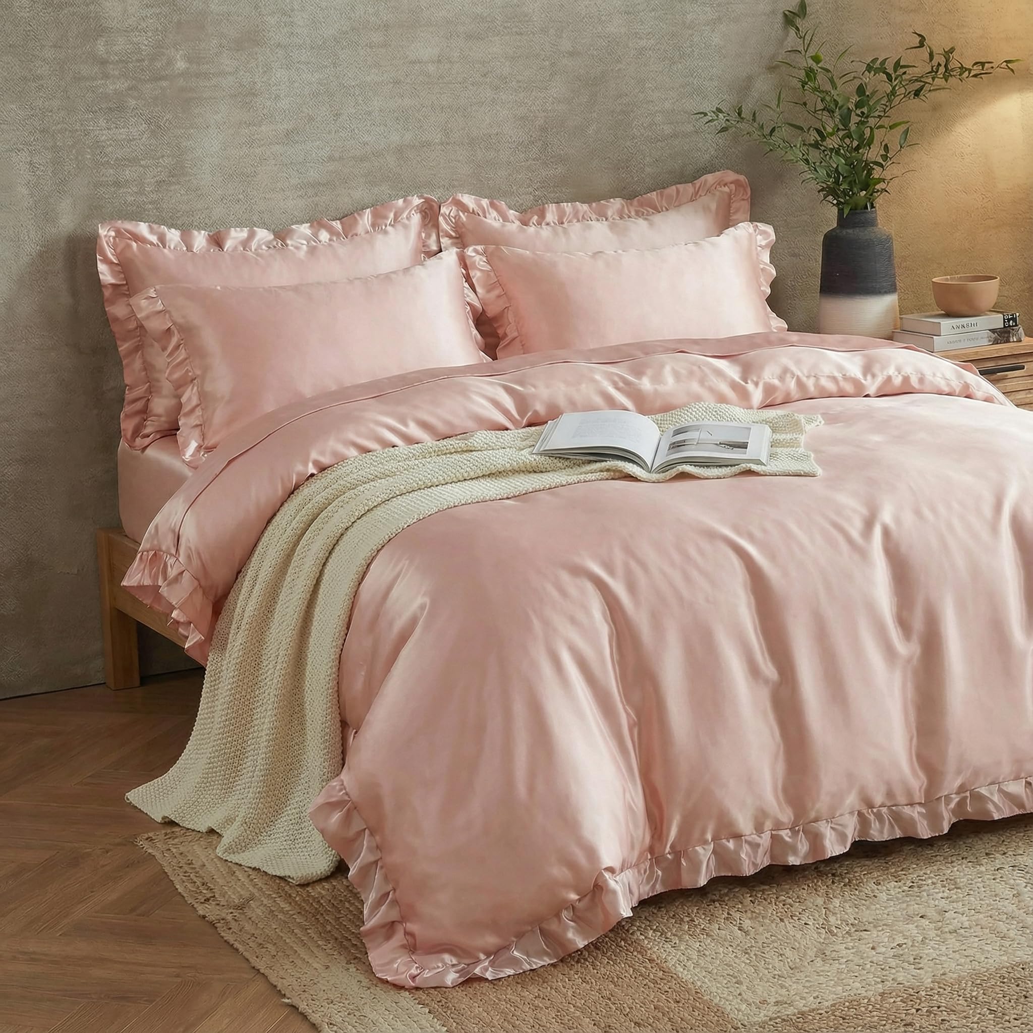 Herside Satin Ruffle Duvet Cover Set - Pink Silk Like Satin Bedding - Super King Size - Farmhouse Style - 1 Duvet Cover, 2 Pillowcases