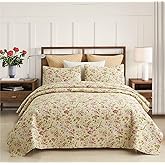 MERRY HOME Quilt Set, 3-Piece Quilt Sets with 2 Pillow Shams - Boho Reversible Soft and Lightweight Quilt Bedding Bedspread Coverlet Set (Beige Floral, Queen), MH-QSM09