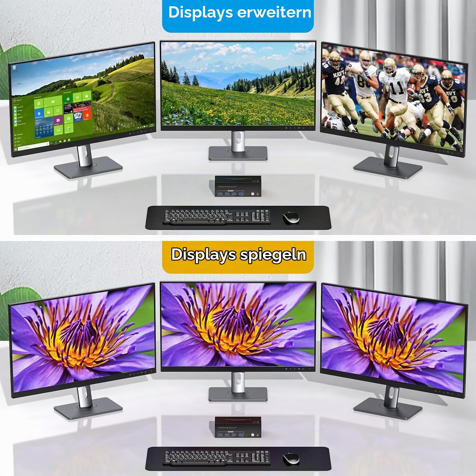 VPFET 2 Displayport HDMI KVM Switch 2 PC 3 Monitore 4K144Hz 8K60Hz Triple Monitor KVM Switches für 2 Computers Share 3 Monitore mit 4 USB 3.0 Ports Inklusive 2 USB 3.0 Kabeln und Externer Steuerung 3