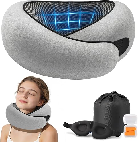 Purroch Neck Pillow Airplane, Travel Pillow with Eye Mask & Earplugs, Memory Foam Pillow with Adjustable Velcro Strap, Pillows for Travel, Plane, Car, Home, Work, Light Grey