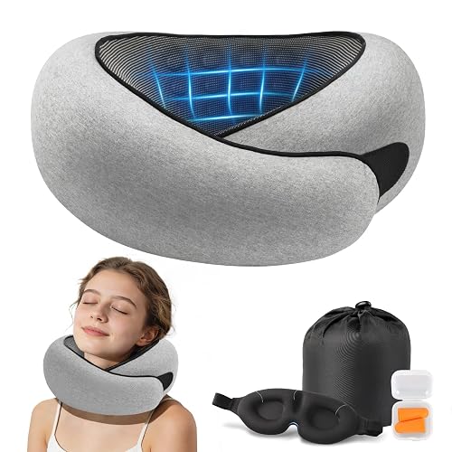 Purroch Neck Pillow Airplane, Travel Pillow with Eye Mask & Earplugs, Memory Foam Pillow with Adjustable Velcro Strap, Pillows for Travel, Plane, Car, Home, Work, Light Grey
