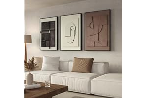 Large 3D Textured Framed Abstract Wall Art for Living Room, 3 Piece Modern Paintings Artwork for Walls, Black White Brown Geo