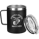Military Gift Shop USMC 12oz Black Double Wall Vacuum Insulated Stainless Steel Marine Corps Coffee Tumbler Travel Mug | USMC 12oz Coffee