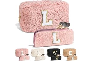 YOOLIFE Initial Cosmetic Bag, 2 Pieces Cotton Wool Make Up Bag for Traveling Makeup Organizer Bag Teen Girl Gifts Birthday Gifts for Teen Girls Women Birthday Gifts Ideas Gifts for Women (Pink L)