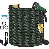 Garden Hose Non-Expandable 50 ft, Lightweight Flexible Water Hose with 10-Pattern Spray Nozzle, Leak Proof, Kink-Free, Portable Hose for Yard, Lawn, Camper, High-Density Fabric, Black Green