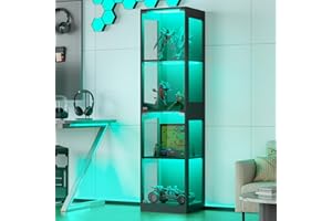 Grepatio Display Cabinet with Glass Doors, 4-Tier Display Case with RGB Lights, Glass Toy Display Cabinet for Collectible, Curio Cabinets Collectibles Display Shelf for Playroom, Living Room (Black)