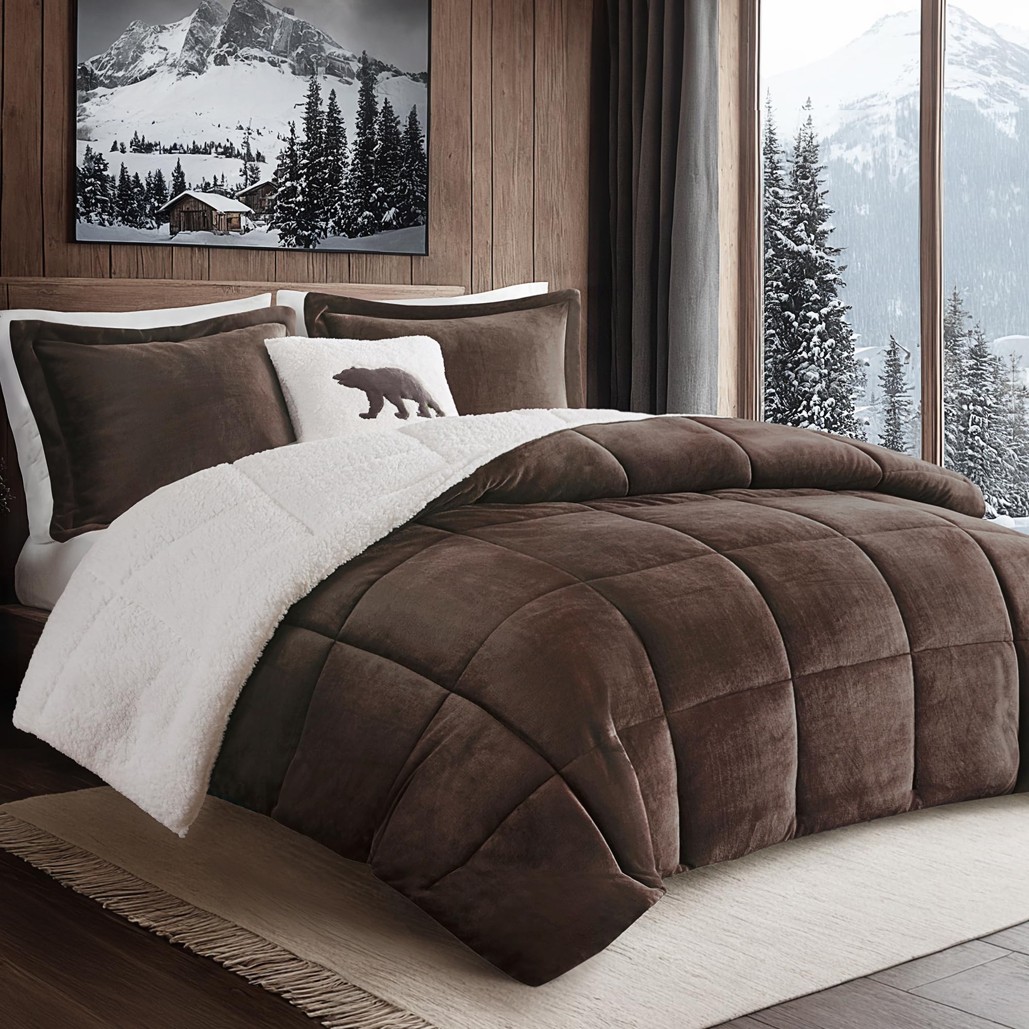 Photo 1 of *USED*Woolrich Reversible Comforter Set Ultra Soft Plush to Sherpa, Down Alternative, Cold Weather Winter Warm Bedding, with Matching Sham, Decorative Pillow Brown/Ivory King 4 Piece