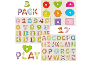 CLUEWR 3 Pack Wooden Montessori Puzzle for Toddlers 2 3 4 Years Old, Preschool Educational Peg Puzzle with Knob Number Alphabet Shape Learning Toys for Kids Girls Boys