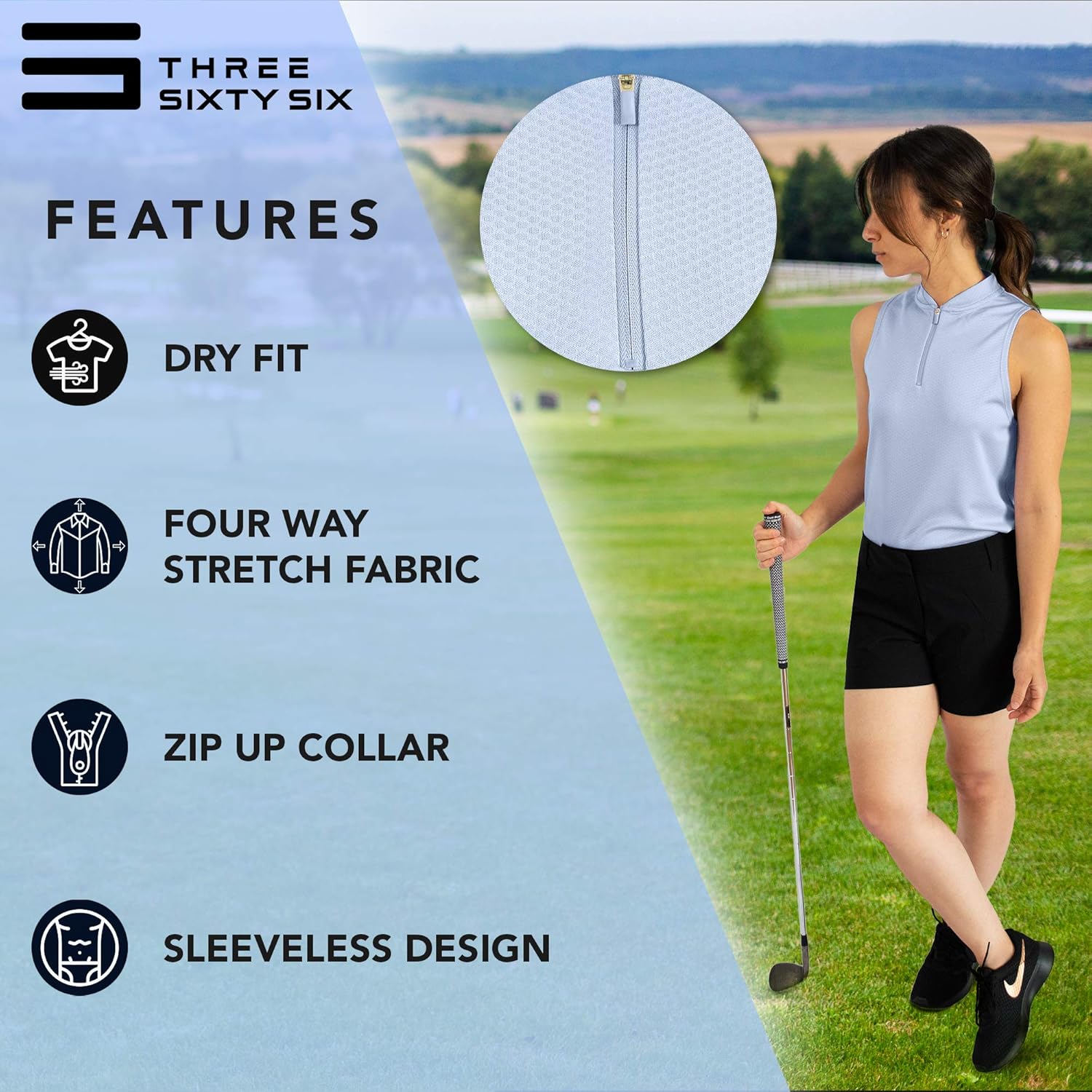 Three Sixty Six Womens Sleeveless Collarless Golf Polo Shirt with Zipper - Quick Dry Tank Tops for Women: Clothing