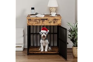 IRONCK Dog Crate Furniture for Small Dogs, Wooden Dog Kennel with Flip Top Drawer, Indoor Pet Crate End Table with Charging Station, Steel-Tube Dog Cage, Rustic Brown