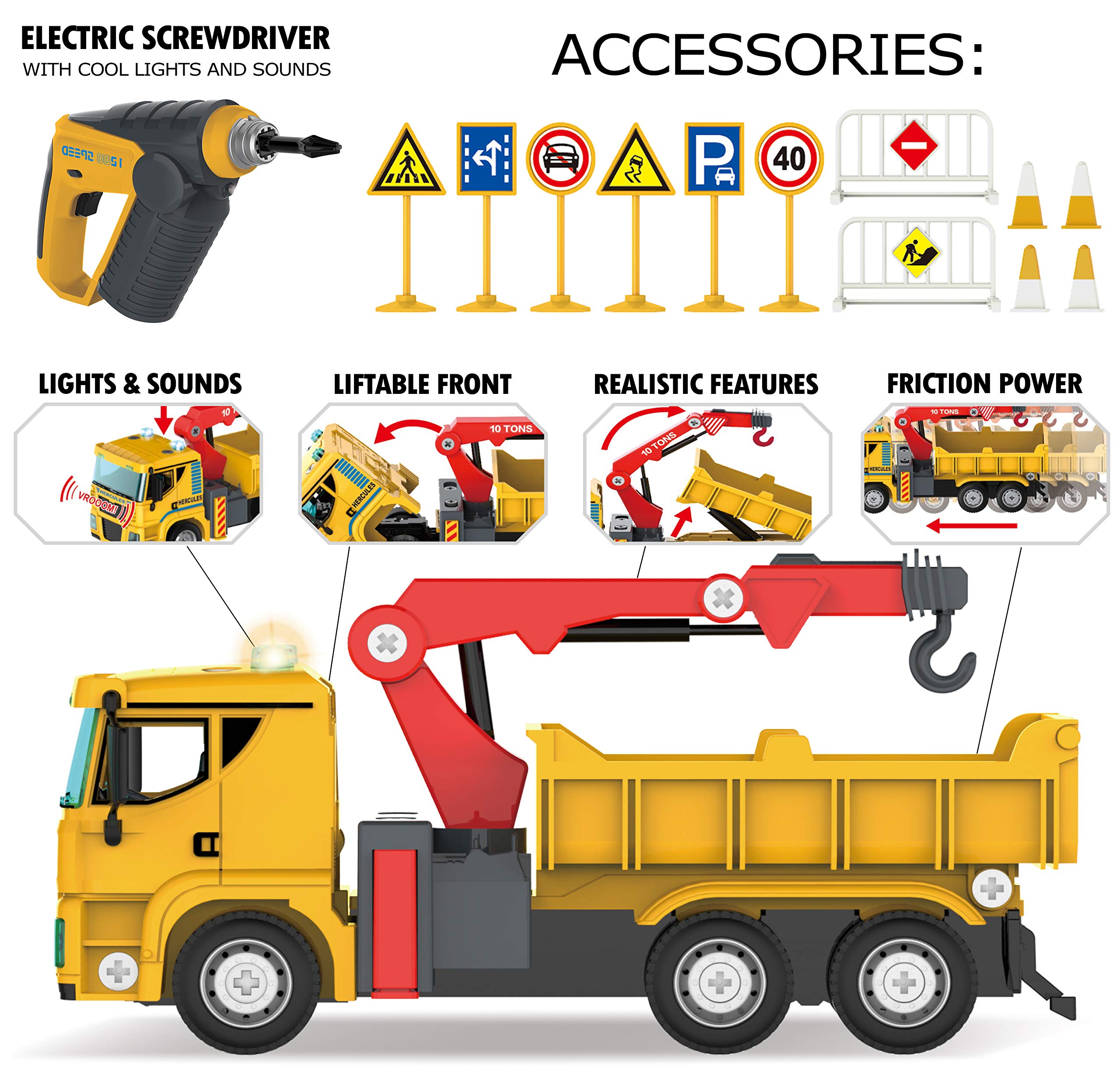 Take Apart Construction Crane Truck Toy for Kids - 104 Pcs STEM Toys w/Drill, Push & Go Lights & Sounds for Kids - DIY Construction Building Vehicle Playset for Boys Ages 4 5 6 7 8 Years Old