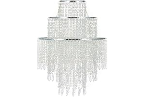 Waneway Acrylic Chandelier Shade, Ceiling Light Shade Beaded Pendant Lampshade with Crystal Beads and Chrome Frame for Bedroom, Wedding or Party Decoration, Diameter 12.6 inches, 3 Tiers, Clear