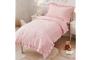 COZYHOLY 4 Piece Boho Tufted Toddler Bedding Set for Girls Pink Ruffle Crib Bed Sheets Set Soft Jacquard Embroidery Toddler Comforter Set Bed in a Bag | Include Comforter, Flat Sheet, Fitted Sheet, Pillowcase