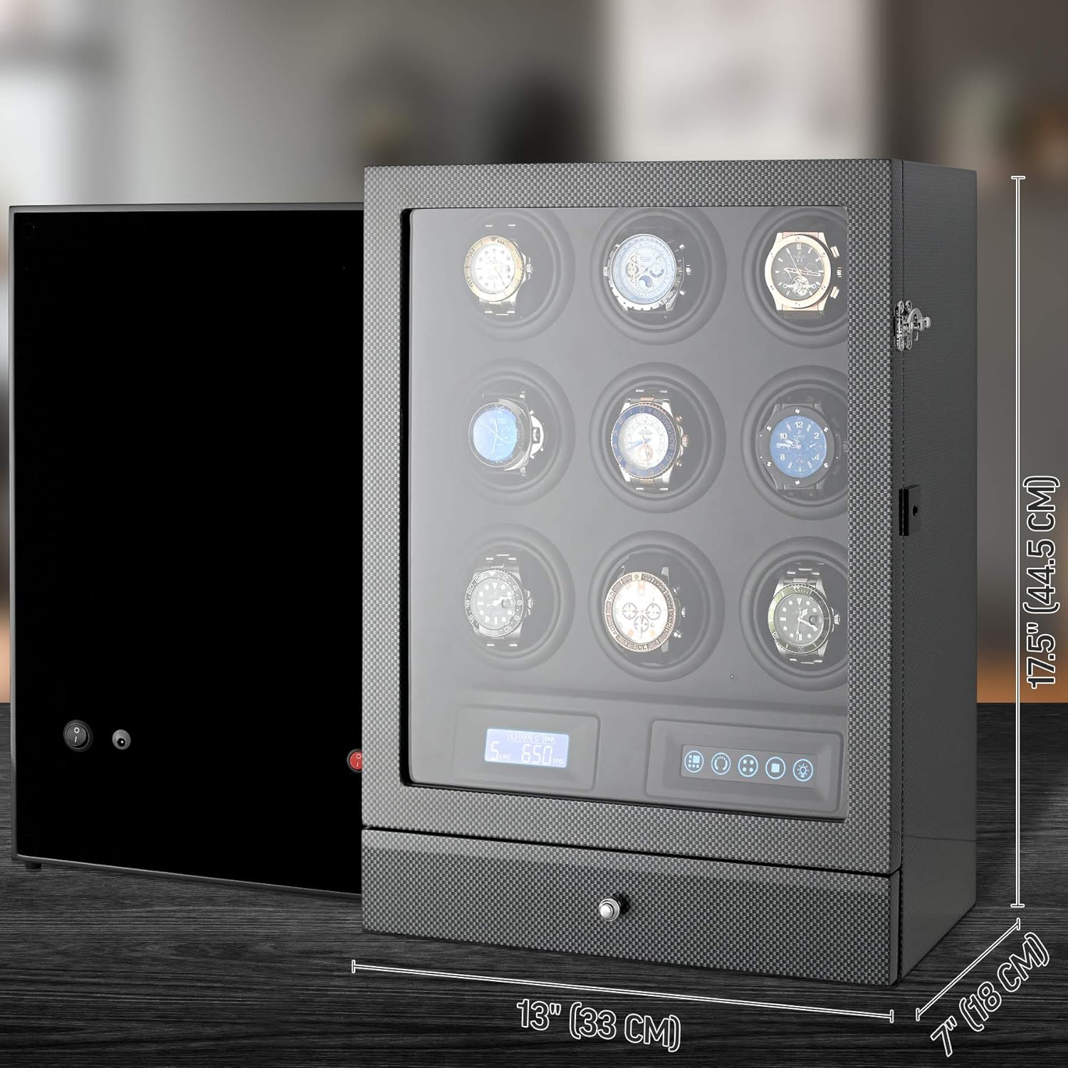 9 Watch Winder with LED Backlight, Remote Control, LCD Display and 2 Watches Storage Compartment (Carbon + Black): Watches