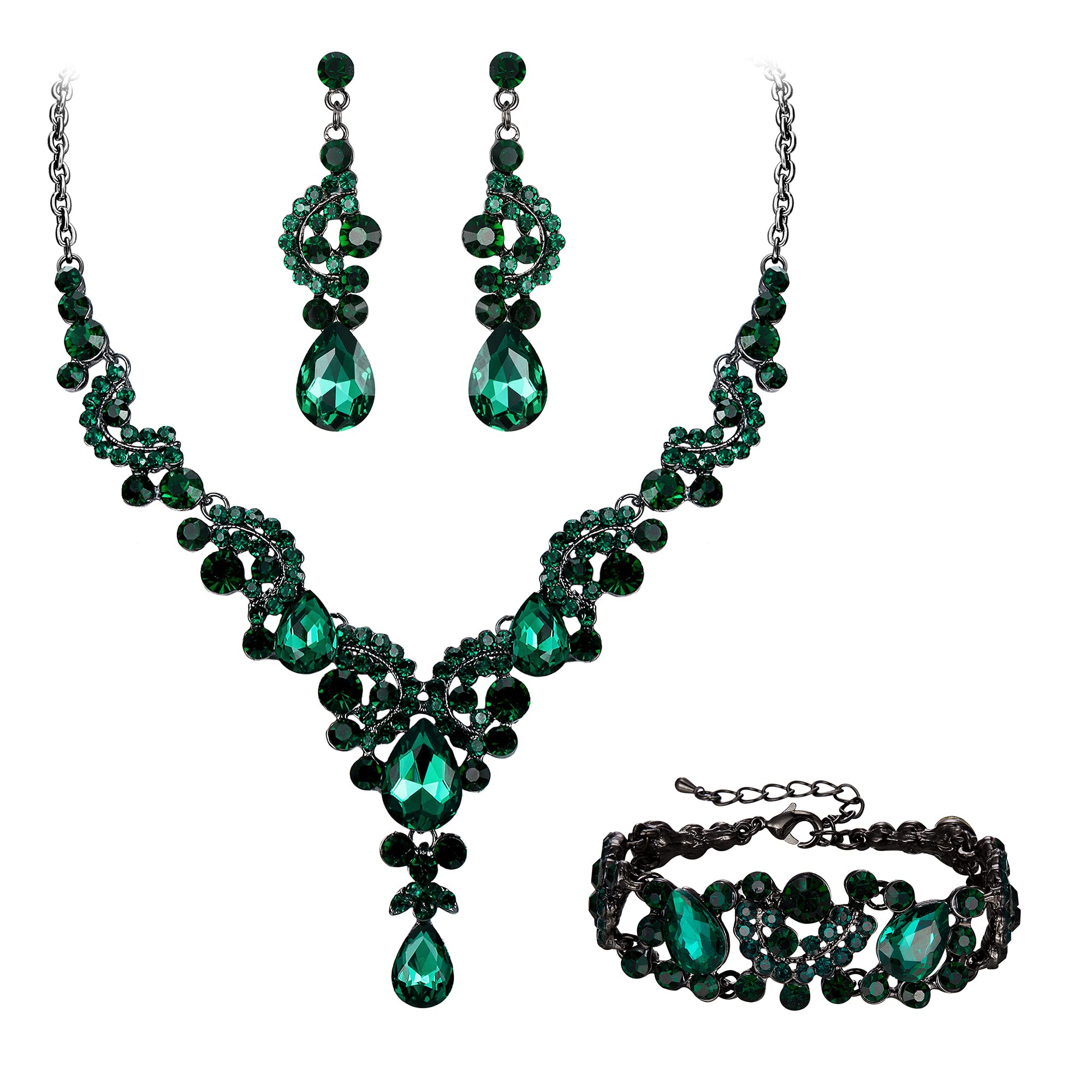 Ever Faith Wedding Jewellery Set for Women, Sparkly Rhinestone Crystal Vintage Floral Teardrop Brides Bridal Necklace Earrings Bracelet Sets Prom Party Costume Jewelry 3 Pcs Green Black-Tone