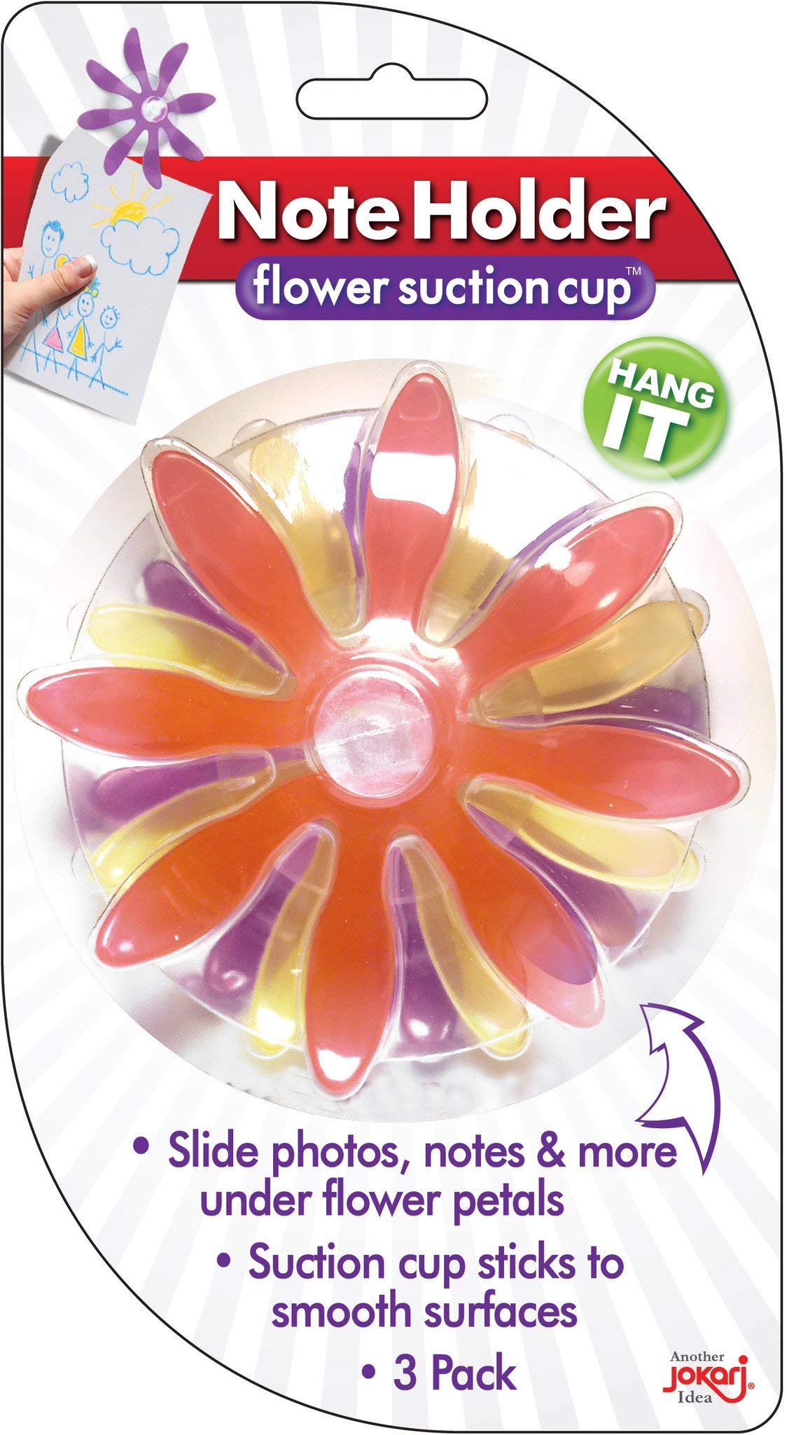 JOKARI 160451 - Note Holder Flower Suction Cup - Slide Photos, Notes and More under Flower Petals - Suction Cup Sticks to Smooth Surfaces - Assorted Colours - Pack of 3