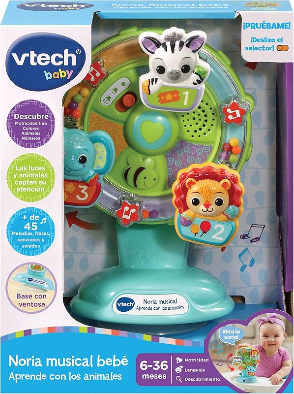 -Baby Noria Musical Aprende con los Animales, Juguete Educativo para la Trona, Regalo para bebés +6 Meses, Incluye Ventosa, Versión ESP