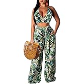 Elegant Two Piece Sets for Women Sexy Printing Halter Bandage Top Long Straight Pants Vacation Outfits Beach