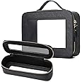 LOFOWN Travel Makeup Bag with Brush Case Portable Transparent Cosmetic Bag and Toiletry Bag Waterproof Makeup Organizer with Zipper Car Essential for Women (Black, L+Slim)