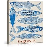 Retro Sardine Kitchen Wall Art - Vintage Blue Sardines Picture Painting Artwork Coastal Wall Decor for Beach House Kitchen Dining Room 8x10 Framed