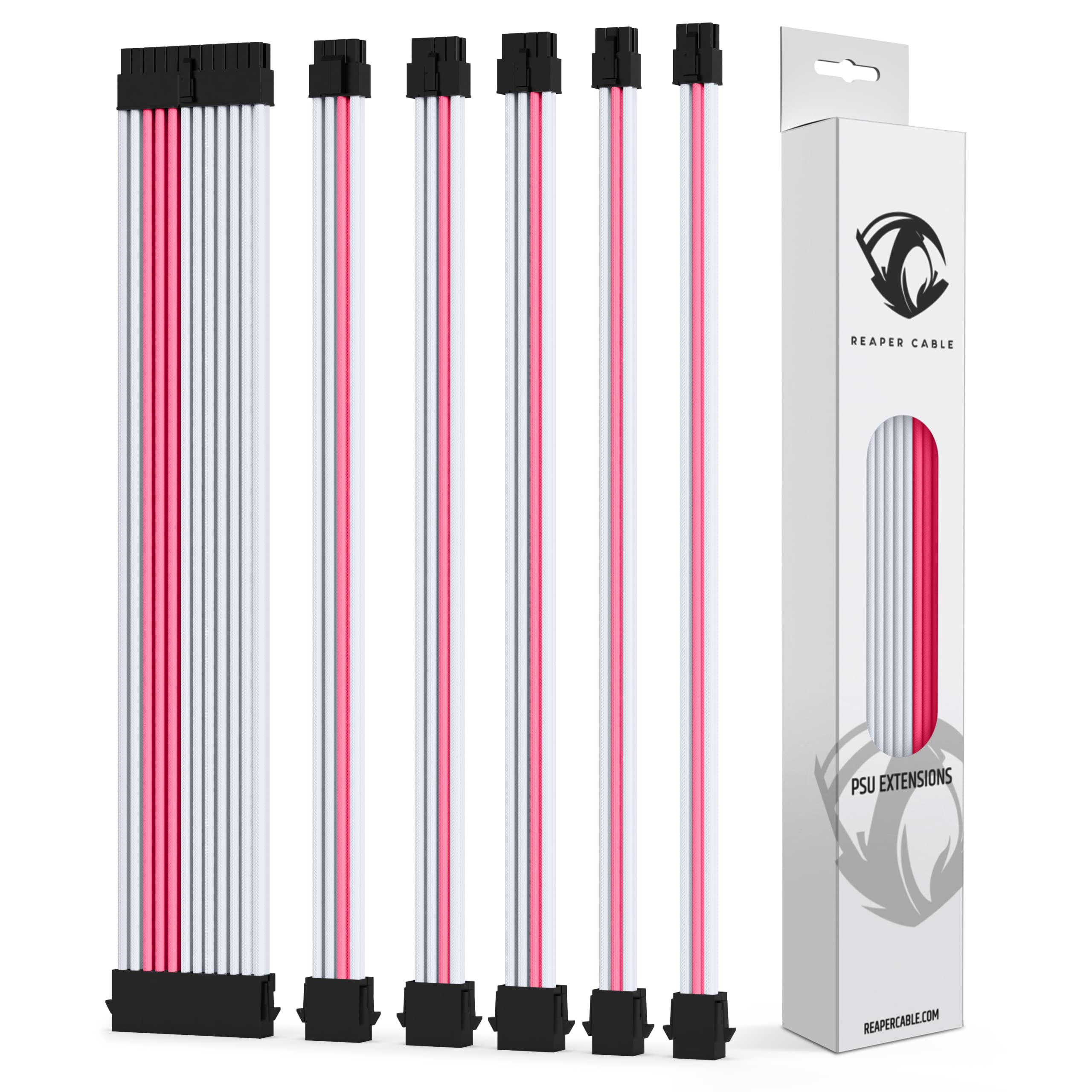 Reaper Cable Sleeved PSU Extension Set - Power Supply Extensions - 1x 24 Pin/ 2x 8 Pin/ 2x 6 Pin/ 1x 4+4 Pin - With Combs - 30cm (White & Pink)