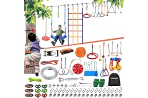 SZHTMZXC Ninja Warrior Obstacle Course for Kids Backyard Outdoor, 2 x 65FT 13 Obstacles, Stainless Steel Main Rope 500lbs, Ninja Bottom Slackline Kit, Monkey Bars, Climbing Net