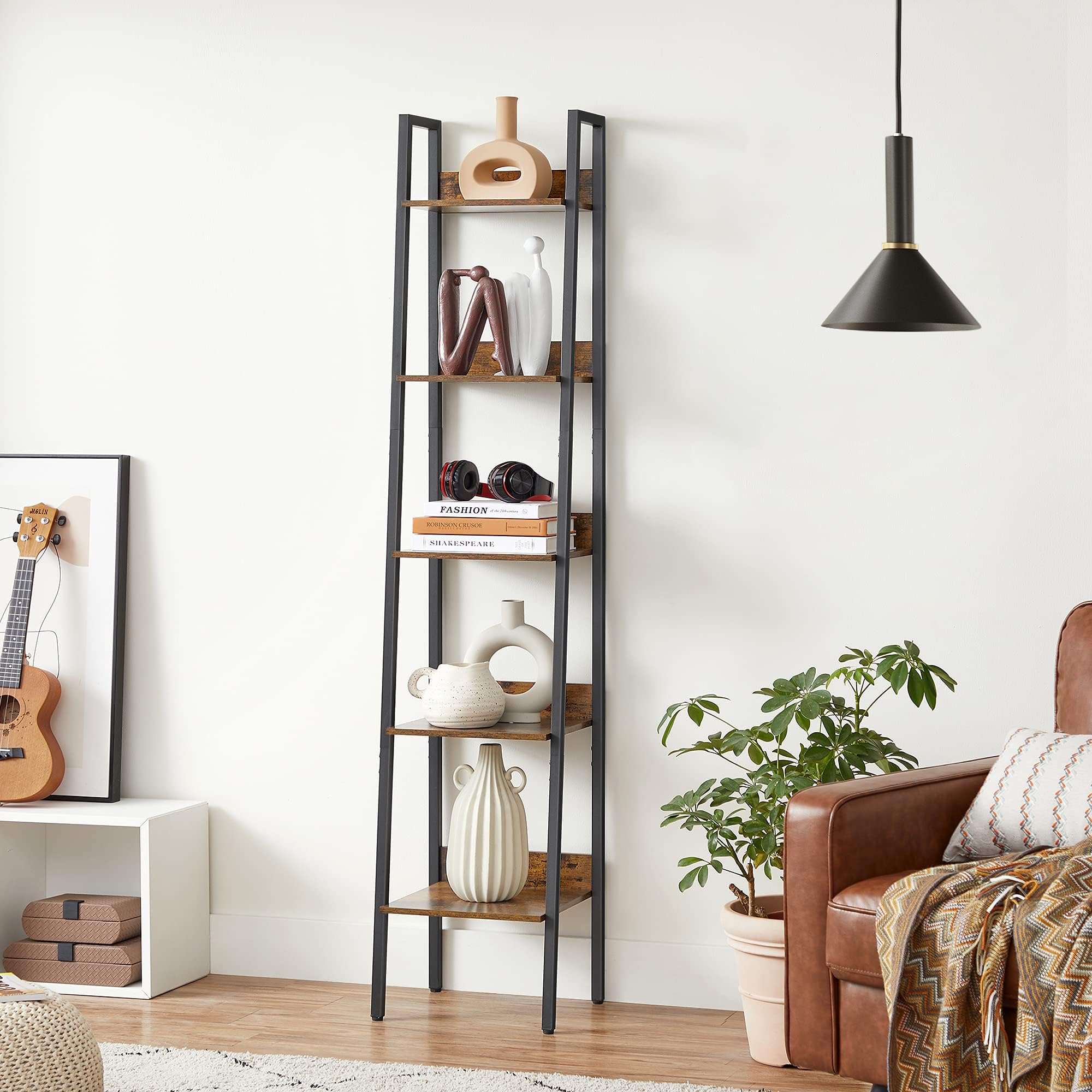 VASAGLE Bookshelf, 5-Tier Narrow Book Shelf, 11.8 x 13.3 x 66.9 Inches, Ladder Shelf for Home Office, Living Room, Bedroom, Kitchen, Rustic Brown and Ink Black ULLS109B01