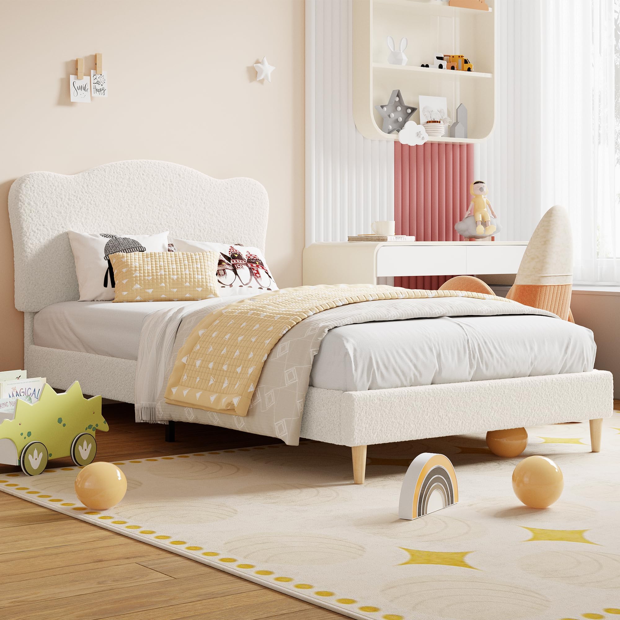 Photo 1 of **DIRT. MISSING HARDWARE**GarveeHome Upholstered Twin Size Bed Frame for Kids with Scallop Headboard, Cute Velvet Twin Bed for Girls, Boys, Sturdy Platform Bed, No Box Spring Needed, Wooden Slats, Noise Free, Beige