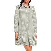 Ladyful Long Sleeve Striped Shirt Mini Dress for Women Button Down Ruffle Tiered Drop Waist Shift Tunic Short Dress