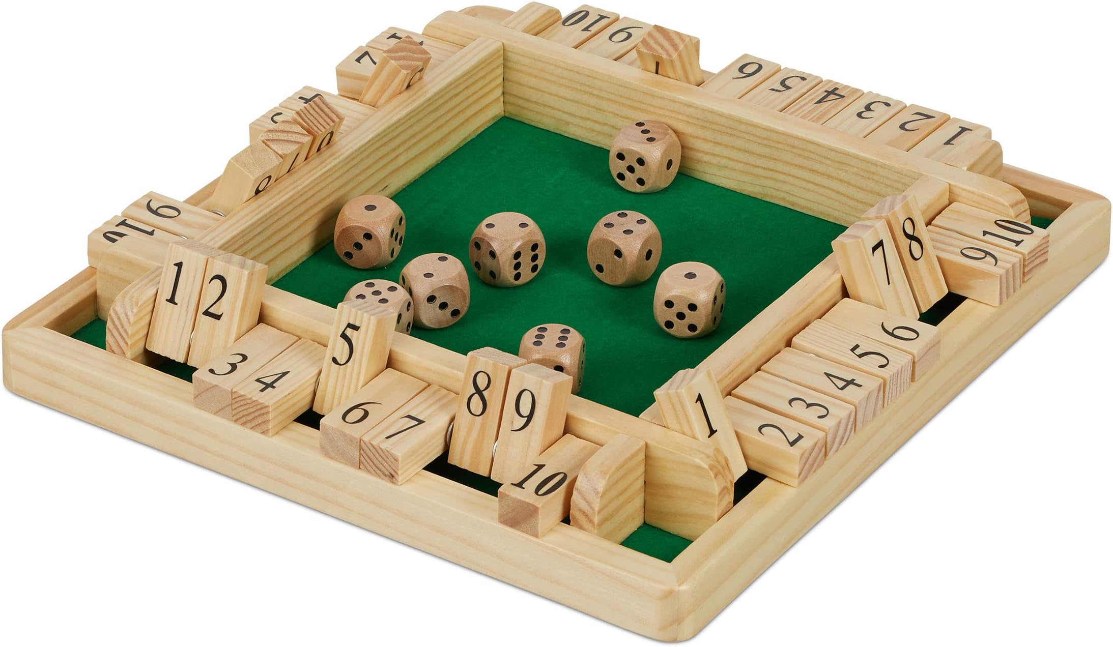Relaxdays Shut The Box, 10pcs, Travel Game for 2-4 Players, Wooden Board Game with 8 Dices, Natural/Green