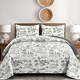 Drucon Grey Farmhouse Quilt Set Queen Size, Toile Rustic Bedspreads, 3 Pieces Village Landscape Printed Coverlet, Soft Microfiber Quilt Bedding Set for All Season (96x90 Inch)