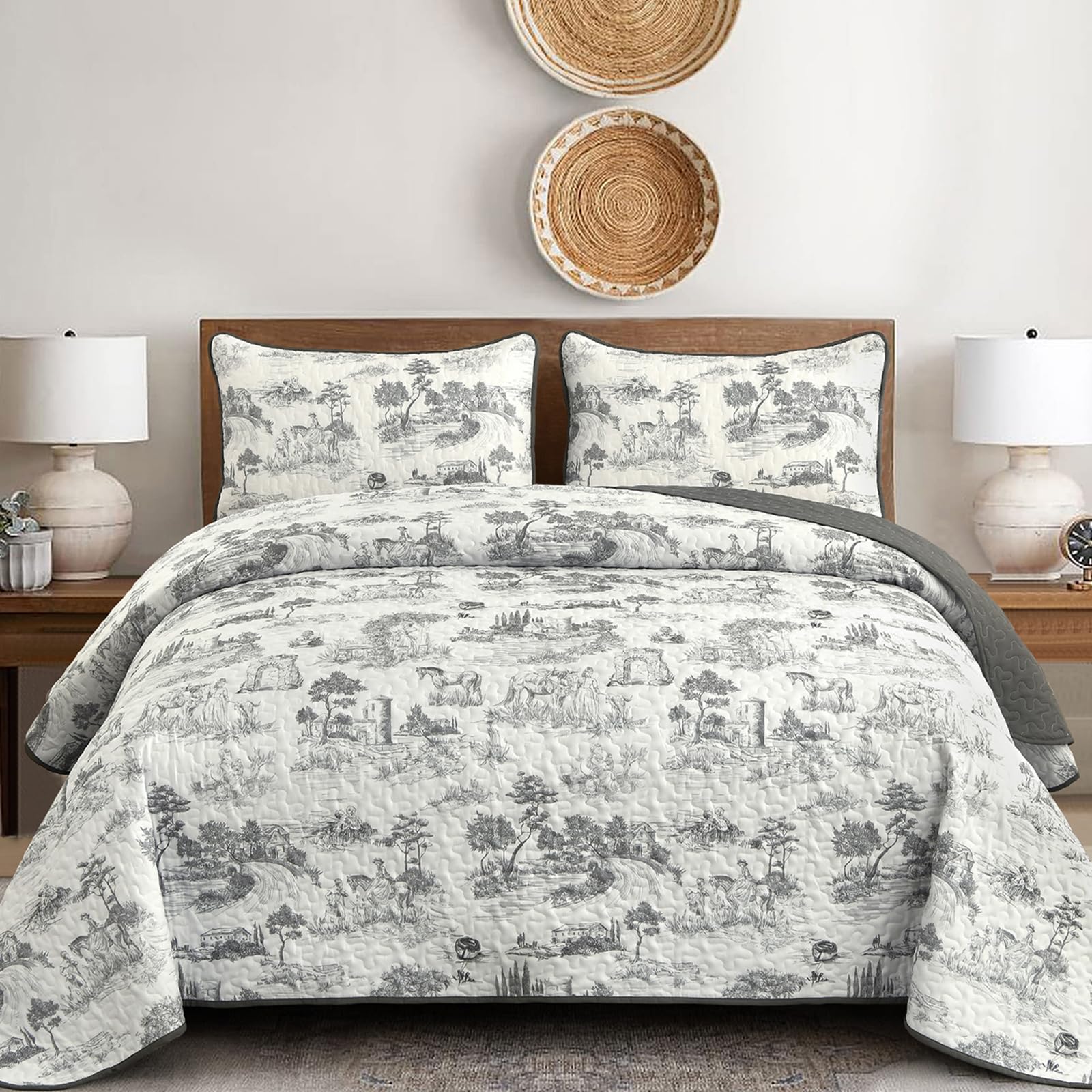 Photo 1 of Drucon Grey Farmhouse Quilt Set Queen Size, Toile Rustic Bedspreads, 3 Pieces Village Landscape Printed Coverlet, Soft Microfiber Quilt Bedding Set for All Season (96x90 Inch)