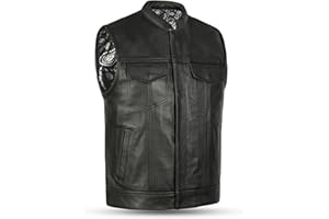 Leatherick Mens Black Motorcycle Vests - Top Grain Cow Leather SOA Club & Traditional Paisley Satin Liner Leather Biker Vests