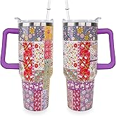 Sunmdecor Pioneer Women Tumbler with Handle and Silicone Straws - 40 Oz Flower Cups Insulated Tumbler - Mother's Day Nice Gift for Mom, Grandma