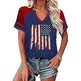 UYIQL 4th of July Shirts Women V Neck Raglan Sleeve Patriotic Tshirt American Flag Stars Fireworks Graphic Tee Tops