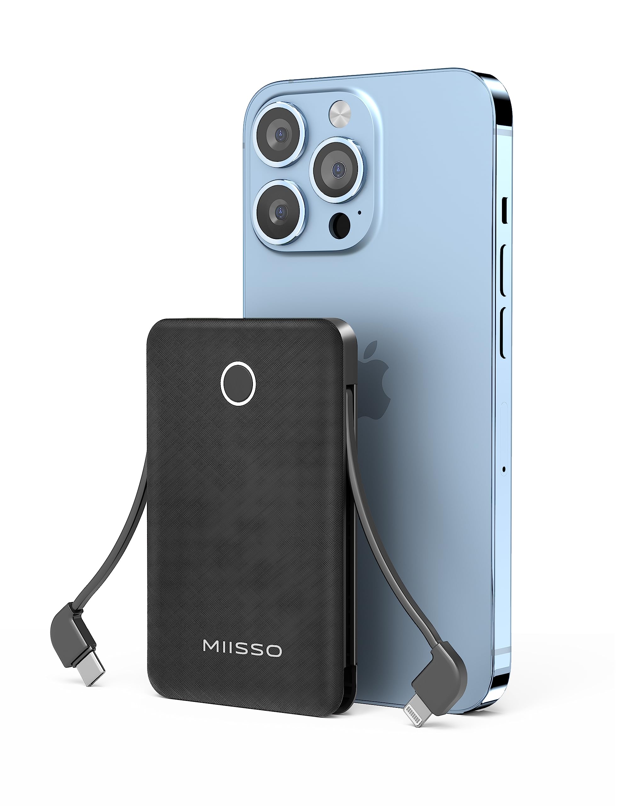 miisso 6000mah Ultra Slim Built in Cables Power Bank, Card Size Built in USB C Cords Battery Pack Portable Charger for Phones, 3 Output External Battery Pack Compatible with iPhone, Deep Black