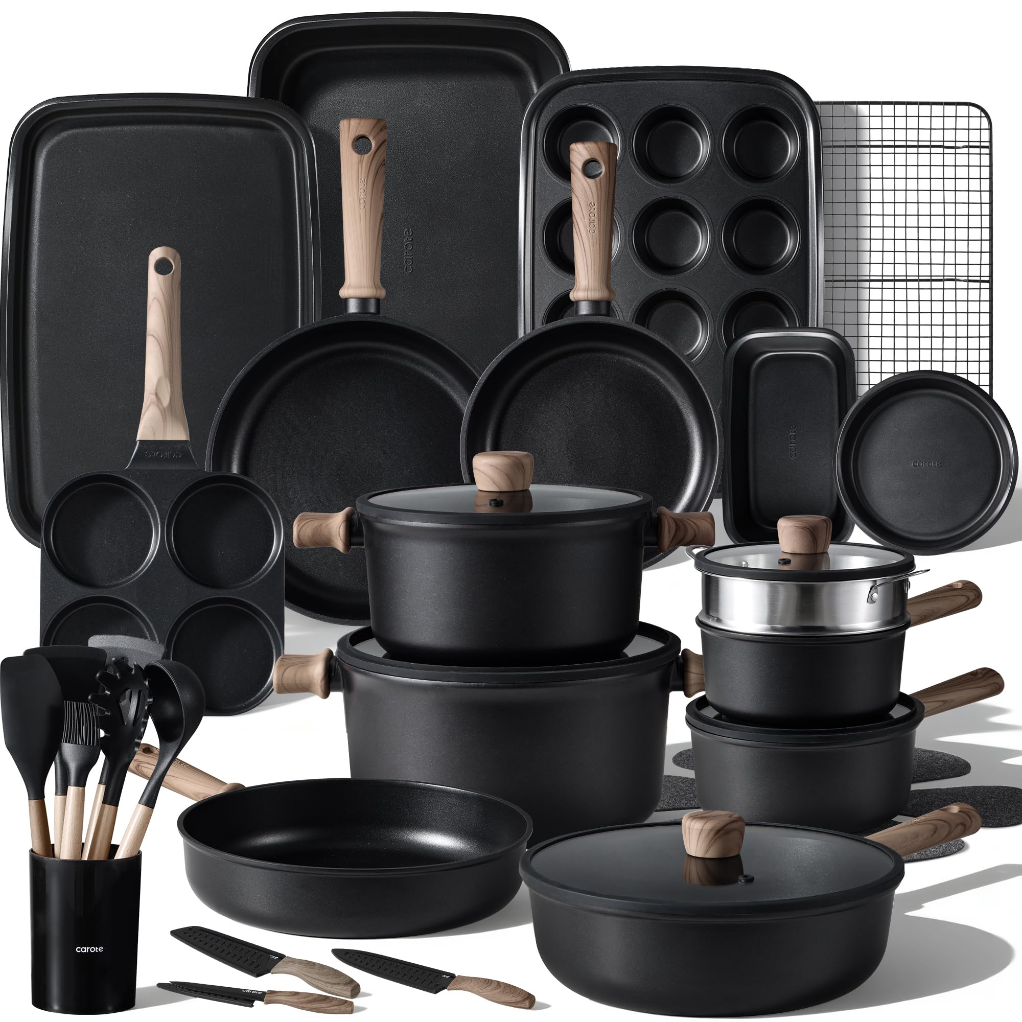 Photo 1 of CAROTE 44pcs Nonstick Kitchen Titanium Cookware Sets, Nonstick Pots and Pans, Induction Cookware Set Kitchen Cooking Sets, Non Stick w/Frying Pan,Black