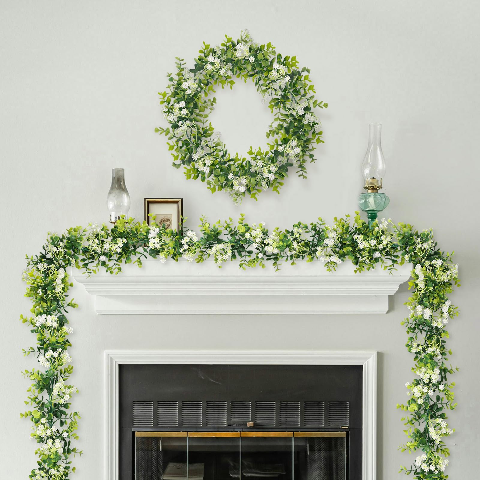 HIAGROW 6FT Eucalyptus Garland with Flowers, 8 Pack Artificial Greenery Garland Hanging Faux Eucalyptus Garland Suitable for Table Wedding Backdrop Arch Wall Party UV Protected Indoor Outdoor Decor