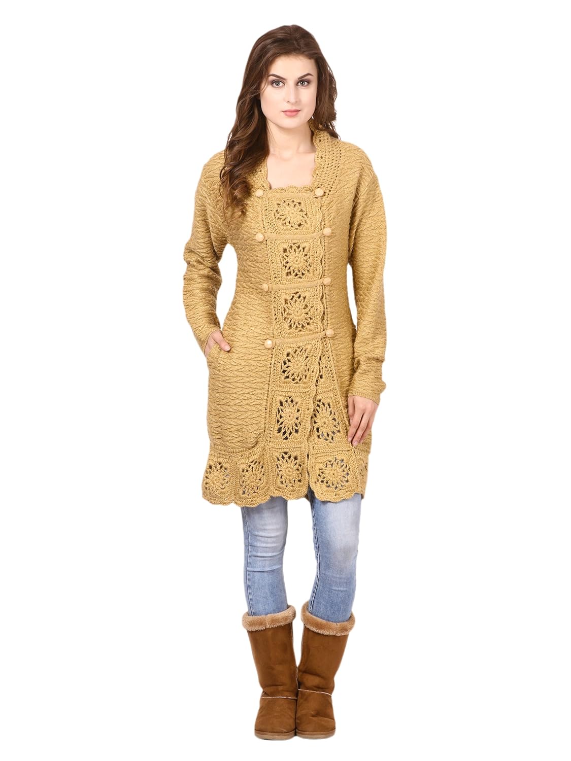 saadgi women's knitted woollen warm crochet work cardigan