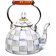 MACKENZIE-CHILDS Enamel Tea Kettle, Stylish Tea Kettle for Stovetop, Grey-and-White Sterling Check, 3 Quarts