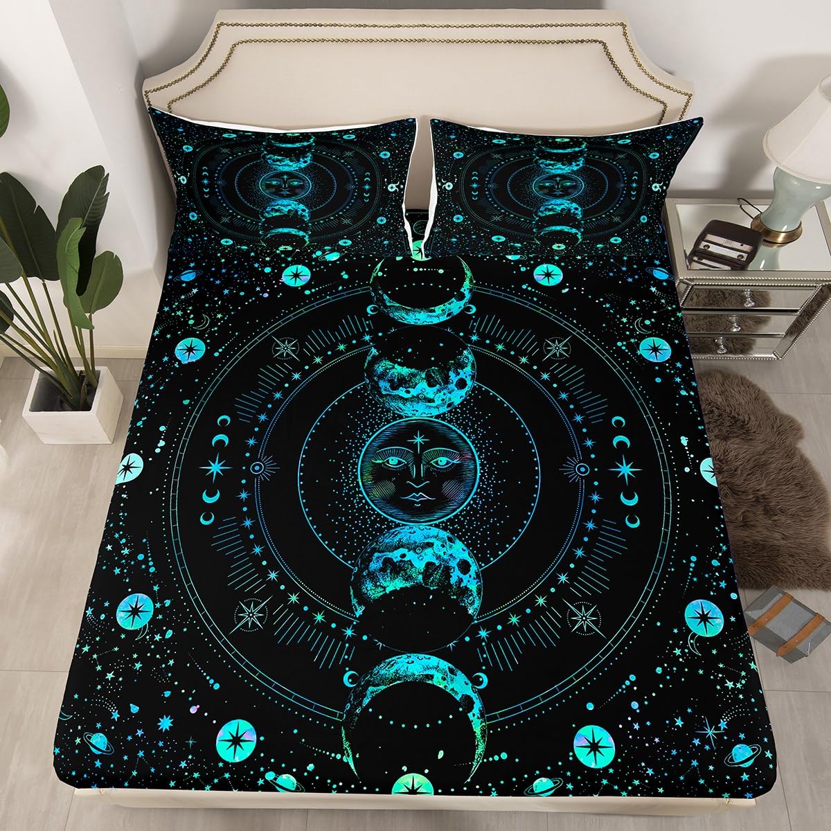 Sun and Moon Fitted Sheet Single Size, Stars Space Psychedelic Bedding Set 2pcs for Kids Girl Room Decor, Blue Sun Moon Boho Bed Cover with 1 Pillowcase, Soft Polyester Bedding