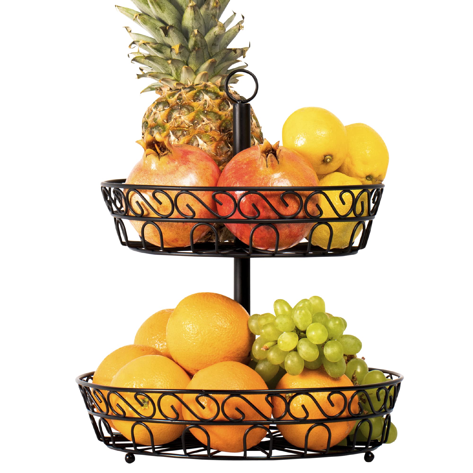 Chefarone 2-Tier Fruit Bowl Large Basket, Keeps Fruits & Vegetables Fresh, Vintage Style Stand, Black Countertop Metal Bowls for Kitchen (30 X 30 36cm)