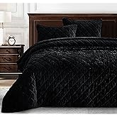 Chezmoi Collection Lux Black Velvet Quilt King Set, 3-Piece Lush Plush Distressed Velvet Bedding All Season Lightweight Comforter Brushed Microfiber Reverse with Diamond Stitch Quilting