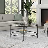 Henn&Hart 36" Wide Round Coffee Table with Glass Top in Blackened Bronze, Modern coffee tables for living room, studio apartm