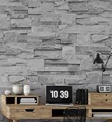 Muriva Grey Brick Effect Textured Vinyl Wallpaper - Realistic Stone Wall Tiles view 4