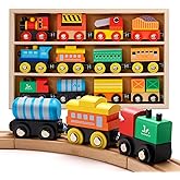 SainSmart Jr. Wooden Train Set 12 PCS - Train Toys with Storage Box, Magnetic Toy Trains Compatible with All Major Brands, Gift for Toddlers, Boys and Girls Aged 3+