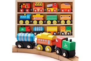 SainSmart Jr. Wooden Train Set 12 PCS - Train Toys with Storage Box, Magnetic Toy Trains Compatible with All Major Brands, Gift for Toddlers, Boys and Girls Aged 3+