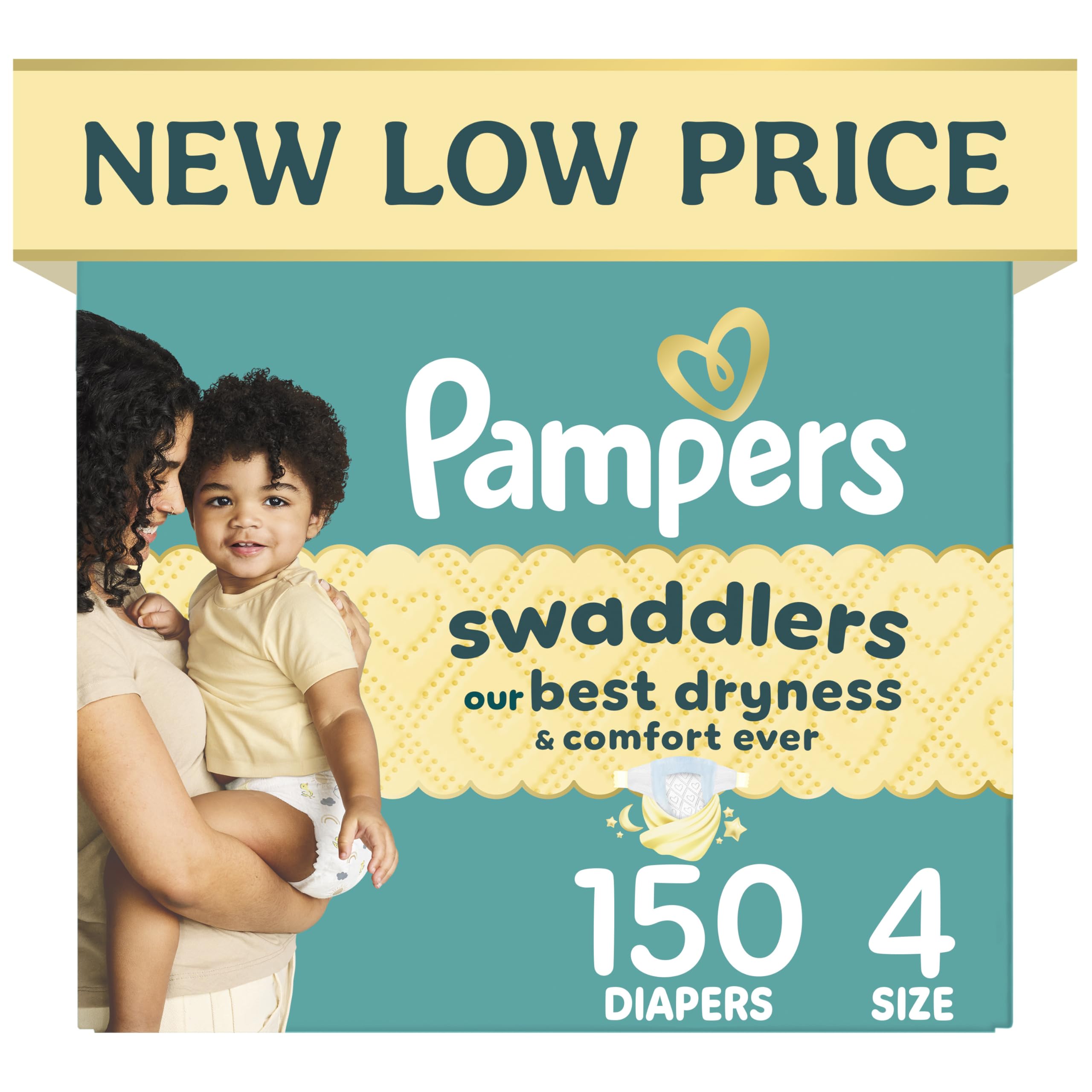 Pampers Swaddlers Diapers, Size 4 (15-34 lbs), 150 Count, Fragrance Free, Hypoallergenic, Absorbent, Pediatrician Recommended, Skin Safe