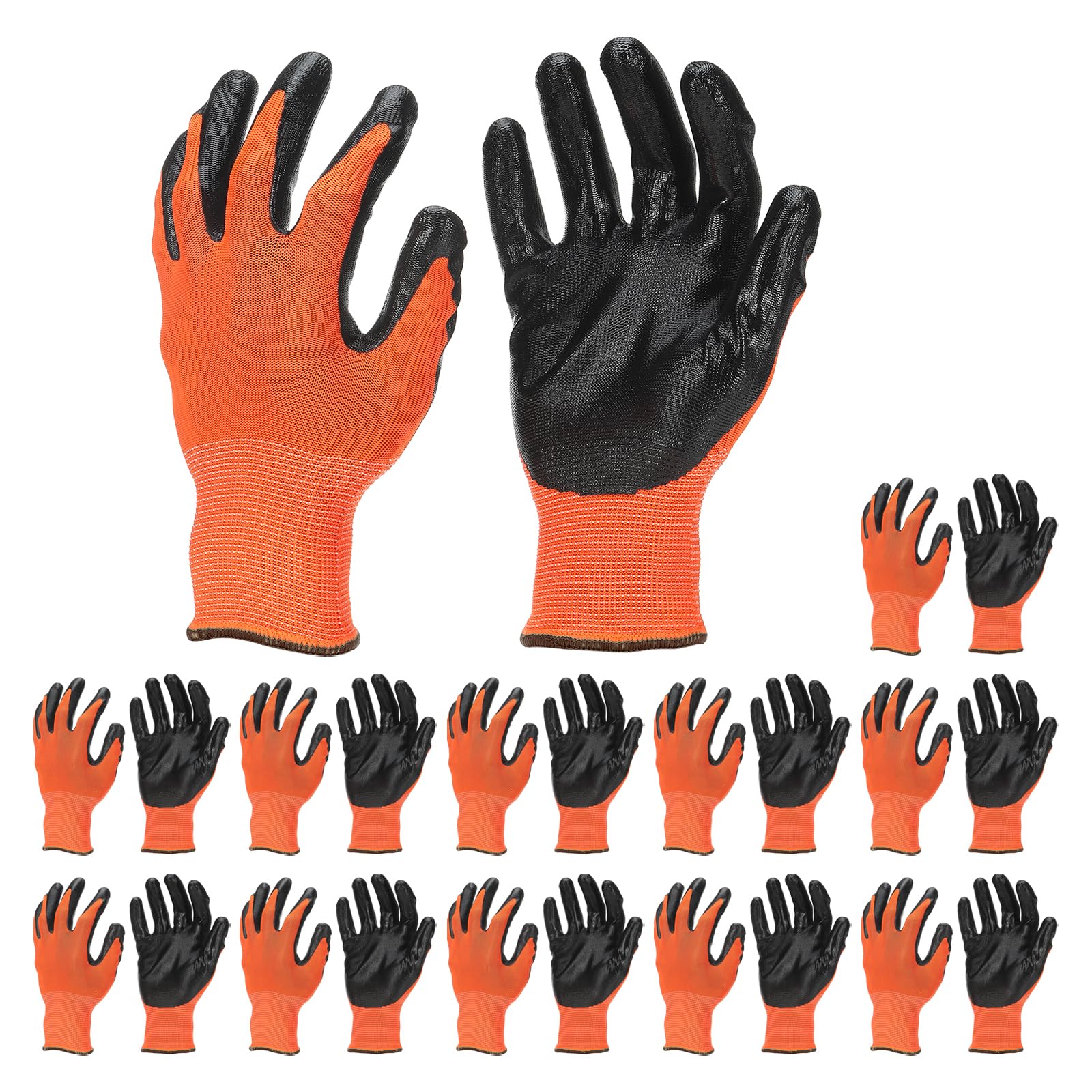 PATIKIL Safety Work Gloves Nitrile Coated, 12 Pair Non-slip Gardening Gloves Seamless Knit Working Gloves with Grip for Women Men Warehouse, Orange Red, Large Size