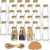Yarlung 30 Pack Glass Favor Jars with Cork Lids, 4 OZ Clear Small Candy Jars Set Square Decorative Bottles for Wedding, Party